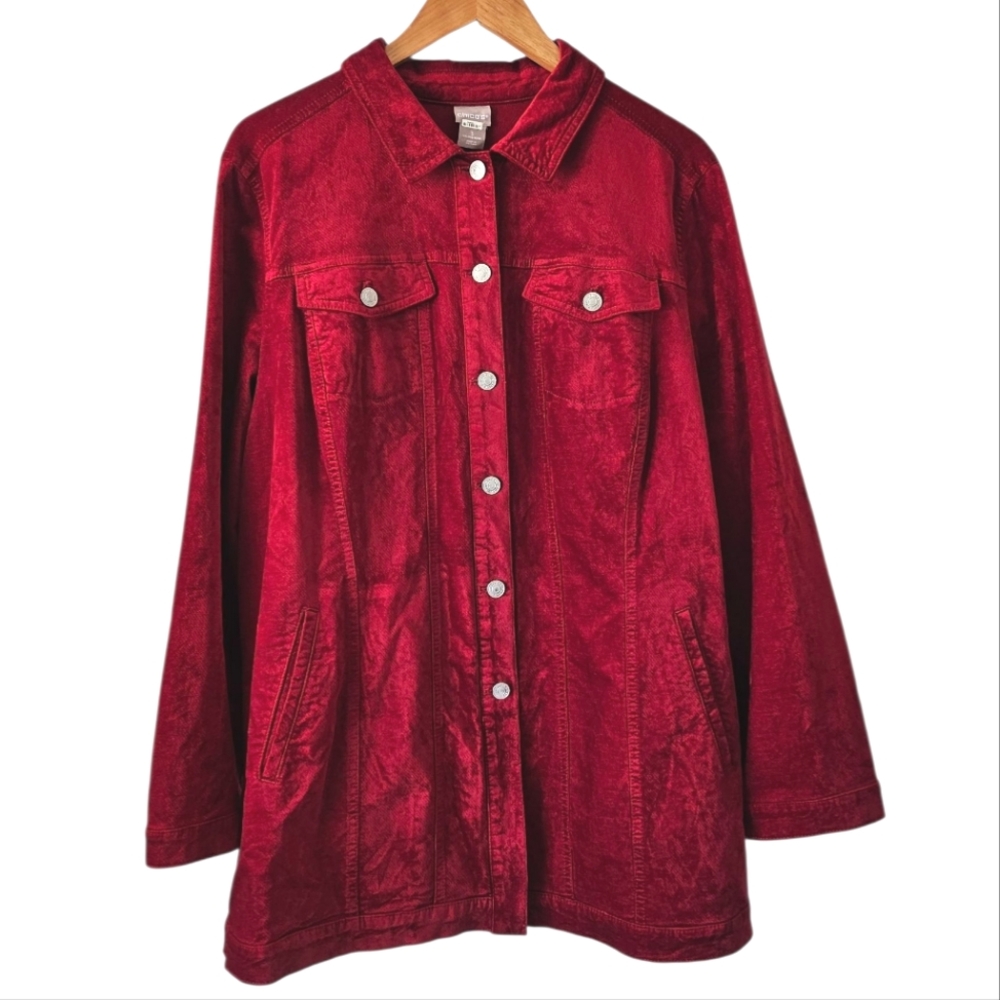 Chico's Plus Size Long Red Velveteen Blazer Jacket Shacket, Size 3 (16/18)